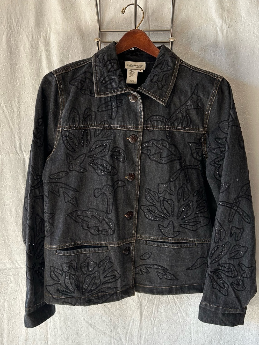 COLDWATER CREEK Embroidered  Beaded Dark Blue Denim Jacket Size M